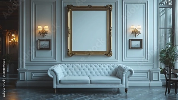 Fototapeta  Colored office room interior with coworking space and window. Mockup frame 