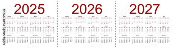 Fototapeta Simple editable vector calendars for year 2025, 2026, 2027. Week starts from Sunday. Isolated vector illustration on white background.