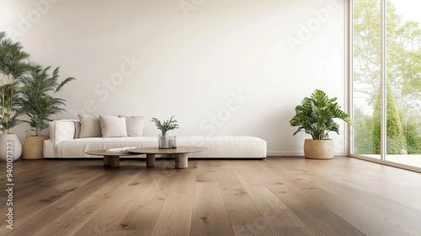 Fototapeta Create a realistic image of a typical American living room with light beige walls, dark hardwood flooring, modern furniture, and a cozy atmosphere.