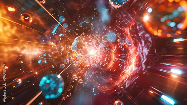 Fototapeta Dynamic scene of highenergy collisions creating various subatomic particles in a particle collider