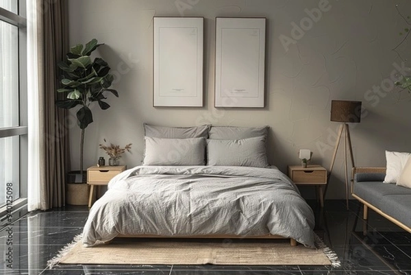 Fototapeta Modern minimalist bedroom with a gray fabric double bed, soft headboard and pillows. Nightstands on each side, a poster above the bed, carpet under sofa, black floor tiles, window to the left