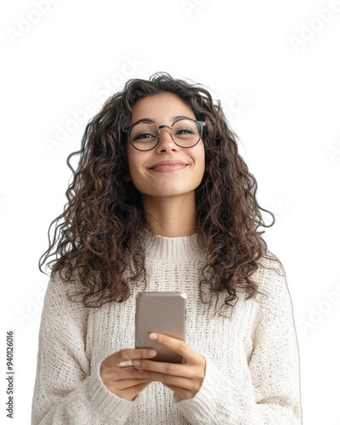 Fototapeta Smiling Woman in White Sweater Holding Smartphone on White Background., transparent background, PNG file