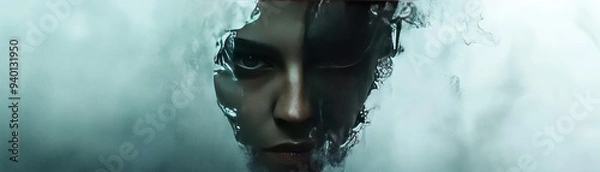 Fototapeta A captivating portrait of a person partially obscured by mist, evoking a sense of mystery and intrigue in a surreal atmosphere.