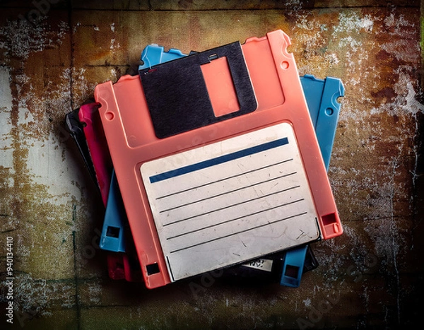 Fototapeta A collection of vintage floppy discs in various colors sits neatly stacked against a faded, textured background, showcasing nostalgic computing technology from the past.