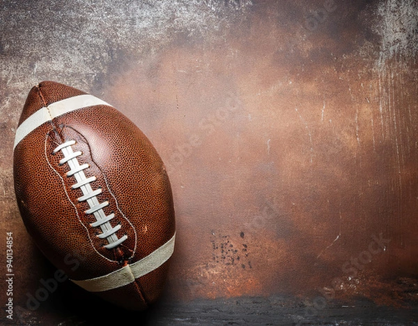Fototapeta The photograph features a vintage football placed on a rustic surface, highlighting its worn leather texture against a backdrop of rich, warm colors.