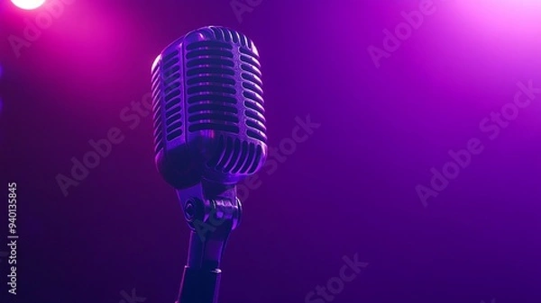 Fototapeta Close-up of an antique microphone on a stage, symbolizing old-school podcasting or broadcasting with a retro feel.
