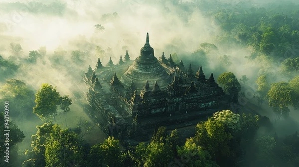 Fototapeta Aerial view of ancient temple shrouded in mist and surrounded by lush greenery