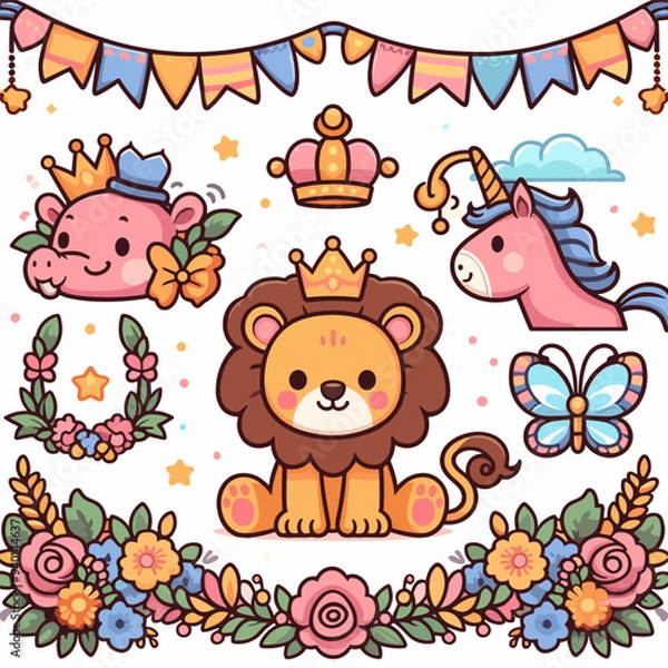 Fototapeta A collection of cartoon animals including a lion