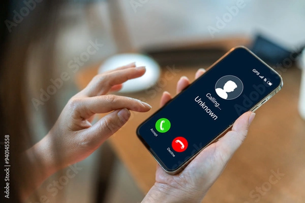 Fototapeta Human use smartphone with incoming call from unknown number, spam, prank caller, hoax person, fake identity, scammer, scam with mobile phone, hacker, call center, crime, call, fraud or phishing.