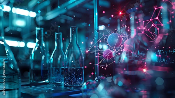 Fototapeta Futuristic representation of particles interacting in a hightech research lab