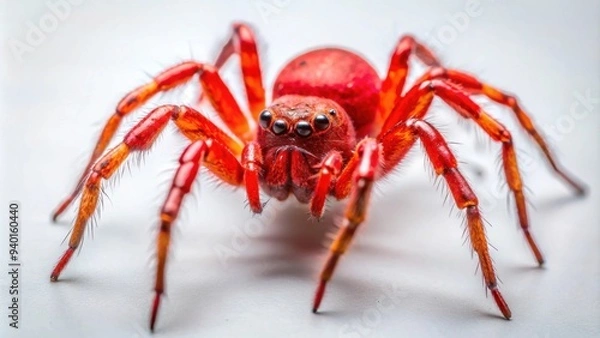 Fototapeta Close up of a red spider , arachnid, creepy, insect, red, isolated, macro, wildlife, nature, arthropod, dangerous, venomous, legs