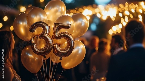 Fototapeta An elegant 35th birthday celebration featuring a bunch of sparkling balloons with bokeh lights in the background, creating a festive and luxurious atmosphere.