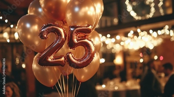 Fototapeta An elegant 25th birthday celebration featuring a bunch of sparkling balloons with bokeh lights in the background, creating a festive and luxurious atmosphere.