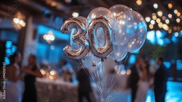 Fototapeta An elegant 30th birthday celebration featuring a bunch of sparkling balloons with bokeh lights in the background, creating a festive and luxurious atmosphere.