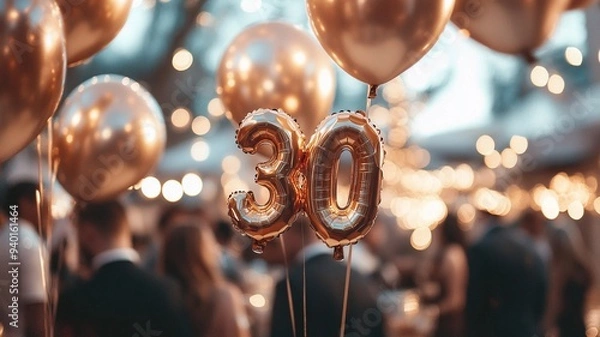 Fototapeta An elegant 30th birthday celebration featuring a bunch of sparkling balloons with bokeh lights in the background, creating a festive and luxurious atmosphere.