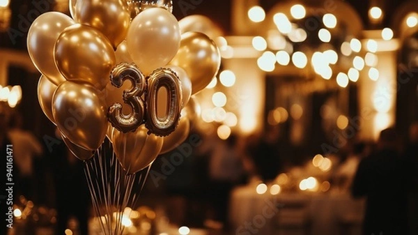 Fototapeta An elegant 30th birthday celebration featuring a bunch of sparkling balloons with bokeh lights in the background, creating a festive and luxurious atmosphere.