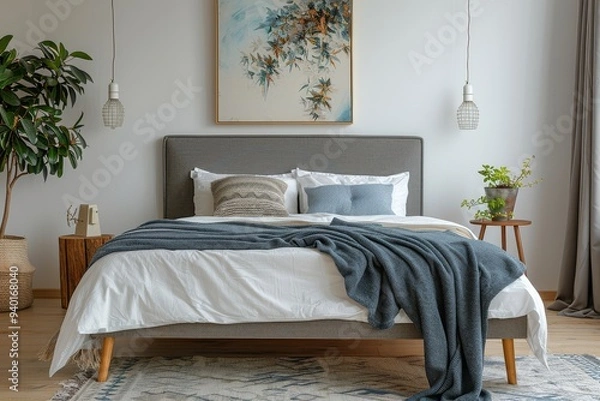 Obraz Modern dark grey fabric bed with wooden legs and large headboard, featuring soft white sheets in a Scandinavian bedroom design.