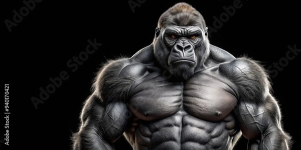 Obraz Muscular gorilla standing on a black background, gorilla, strong, powerful, animal, wildlife, mammal, black background