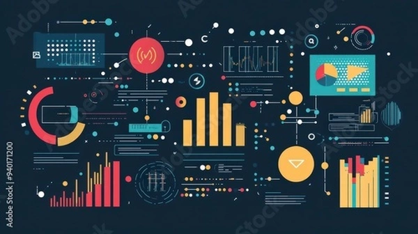 Fototapeta Modern Data Analytics Flat Design with Charts, Graphs, and Binary Code Illustration