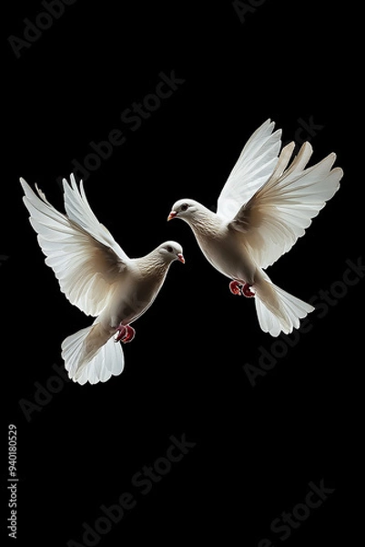 Obraz Two white doves flying on black background