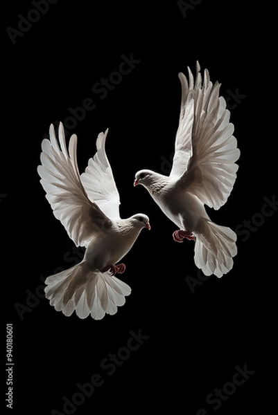 Obraz Two white doves flying on black background