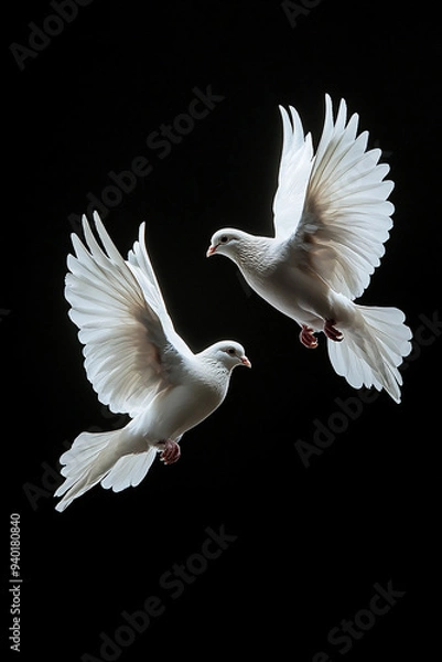 Obraz Two white doves flying on black background