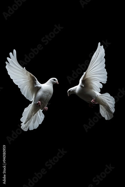 Obraz Two white doves flying on black background
