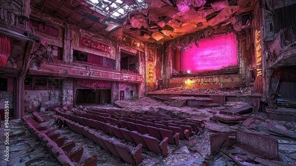 Obraz An abandoned theater showcasing a stunning decay with vibrant pink light, evoking nostalgia and desolation.