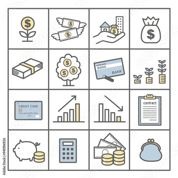 Obraz お金、資産運用、資産形成関連のアイコン、イラストセット・ドル