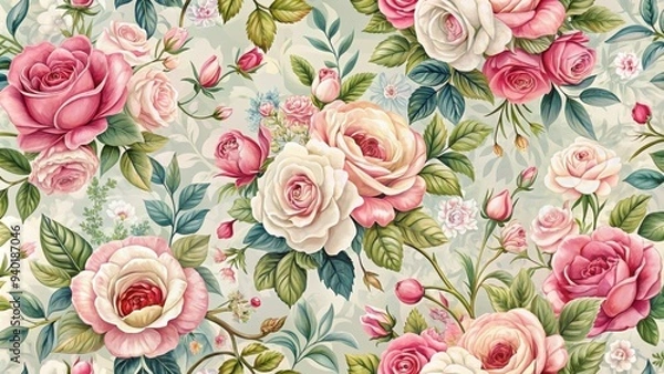 Fototapeta Elegant seamless patterns featuring intricate roses and floral botanicals, roses, botanicals, florals, seamless, patterns