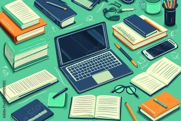 Obraz Illustration of educational learning tools set on table created with Generative AI