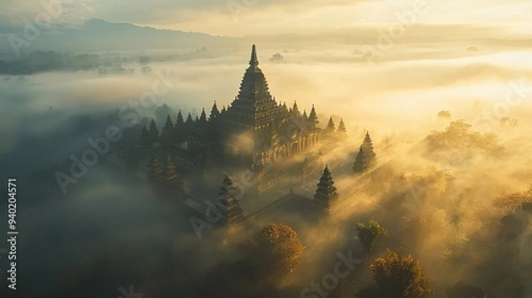 Fototapeta Mysterious ancient temple shrouded in fog at sunrise