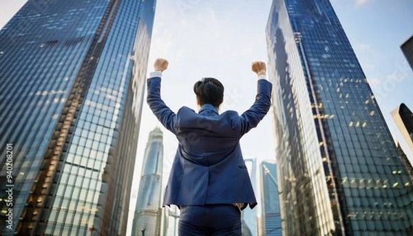Obraz 취업에 성공한 직장인 양팔을 하늘높이 들고있다