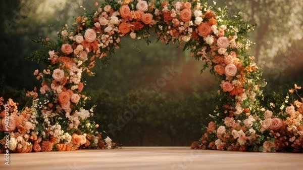Fototapeta Elegant floral arch adorned with peach roses and delicate blossoms, set against a lush green backdrop, creating a romantic atmosphere for outdoor celebrations.