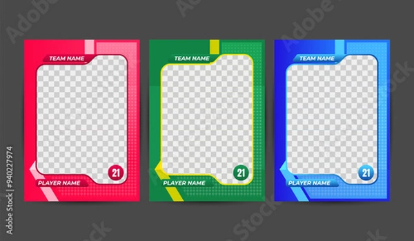 Fototapeta Set of card templates with customizable frames for team and player names, numbers, and photos. Ideal for creating sports team graphics, player profiles, and game sports