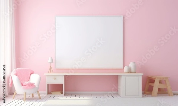 Fototapeta Elegant Simplicity Large Canvas Painting of a Pink Furnished Room with White Frame