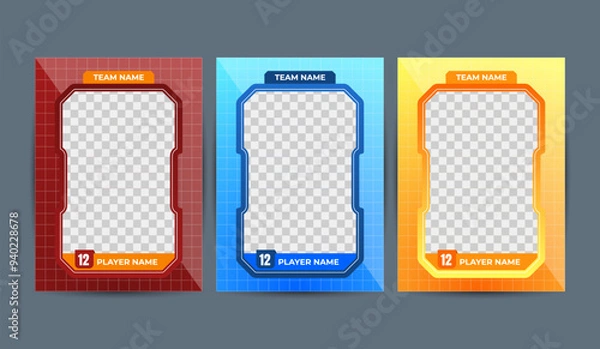 Obraz Set of card templates with rectangular frames displaying team and player names. Ideal for creating game sports card template
