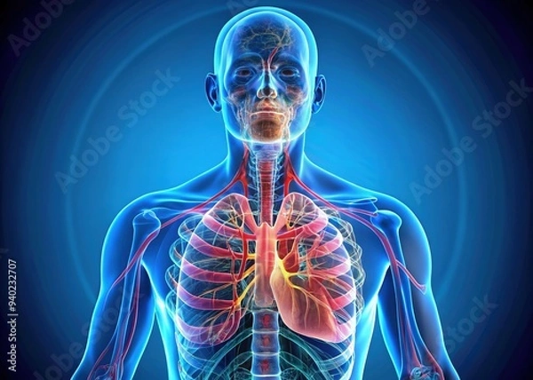 Fototapeta A 3D illustration of the human respiratory system showcasing lungs, trachea, bronchi, and diaphragm in a transparent body, highlighting lung function and airway pathways.