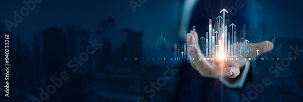 Obraz Businessman holding structure graph chart arrows growth of business investment, Target and strategy increase profit for success on global network, Economy, Financial and digital marketing technology.