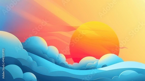 Fototapeta Bright sunrise illustration in a playful style, perfect for adding warmth and charm to any room or secure spot in your home.