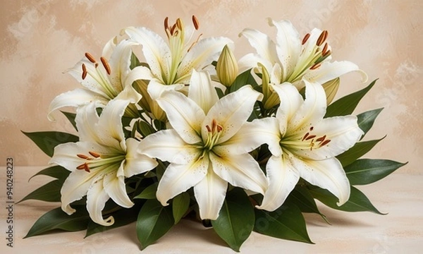 Fototapeta a bouquet of white lilies with gold and bronze accents on the petals and leaves, set against a soft, textured cream background