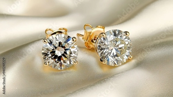Fototapeta Elegant gold earrings adorned with sparkling diamonds on a soft silk background, showcasing luxury and style.