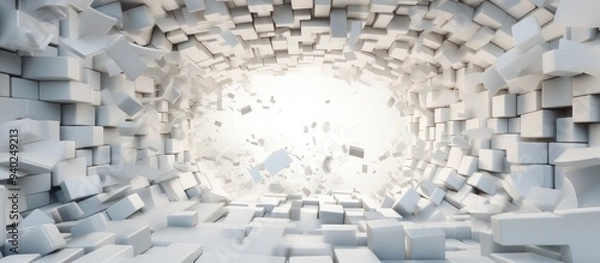 Fototapeta White background with hole in the center, 3D style. Abstract 2D grid made of blocks.