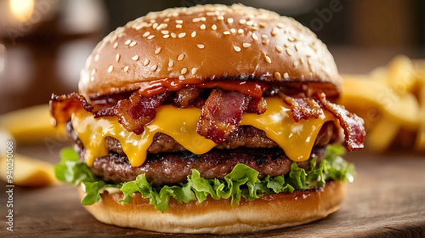 Fototapeta The Ultimate Bacon Cheeseburger Craving: A juicy double-patty burger, stacked high with crispy bacon and melted cheddar cheese, entices with every delicious detail. 