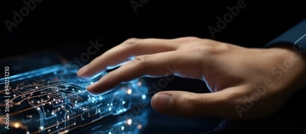 Fototapeta Finger touching a virtual screen and an artificial intelligence robot hand on a dark blue background. Digital data technology concept.