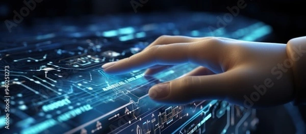 Fototapeta Finger touching a virtual screen and an artificial intelligence robot hand on a dark blue background. Digital data technology concept.