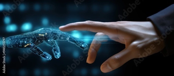 Fototapeta Finger touching a virtual screen and an artificial intelligence robot hand on a dark blue background. Digital data technology concept.