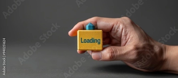 Fototapeta Hand holding colorful block with text "Loading" on grey background. Loading screen concept for web design and mobile app development.