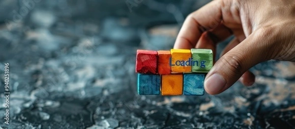 Fototapeta Hand holding colorful block with text "Loading" on grey background. Loading screen concept for web design and mobile app development.