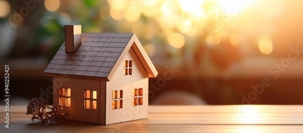 Fototapeta wooden house model on a table with blurred background. ultra realistic photography. copy space.